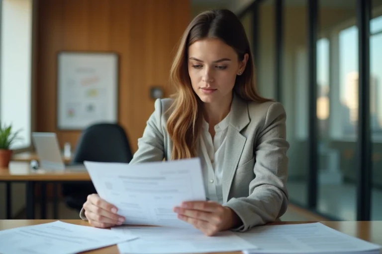 Jeune femme d'affaires examine des documents de prêt immobilier