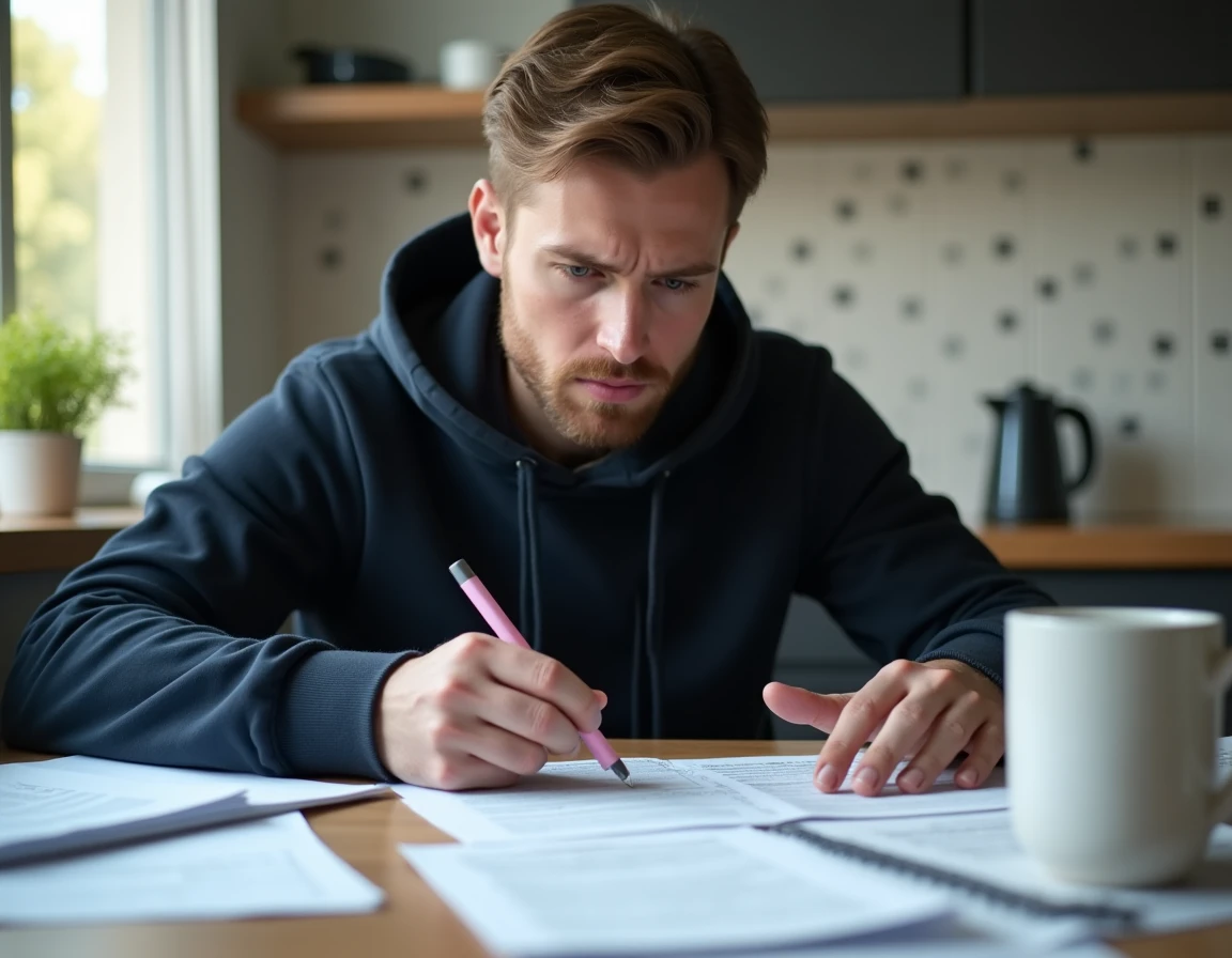 Jeune homme concentré remplissant le formulaire cerfa 3233-sd entouré de documents à la table de cuisine