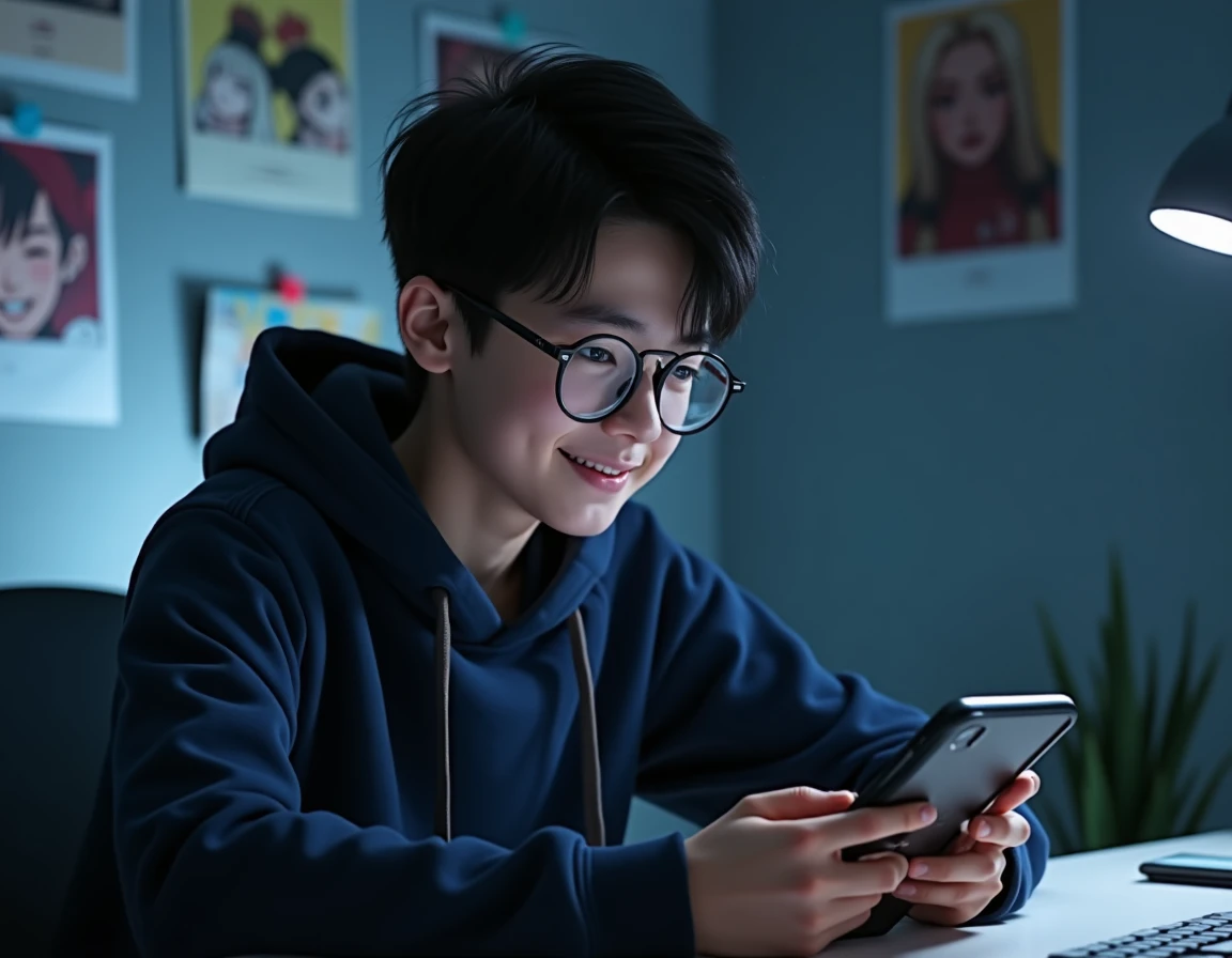 Adolescent lisant un webtoon français sur son smartphone dans une chambre décorée de posters de bandes dessinées numériques