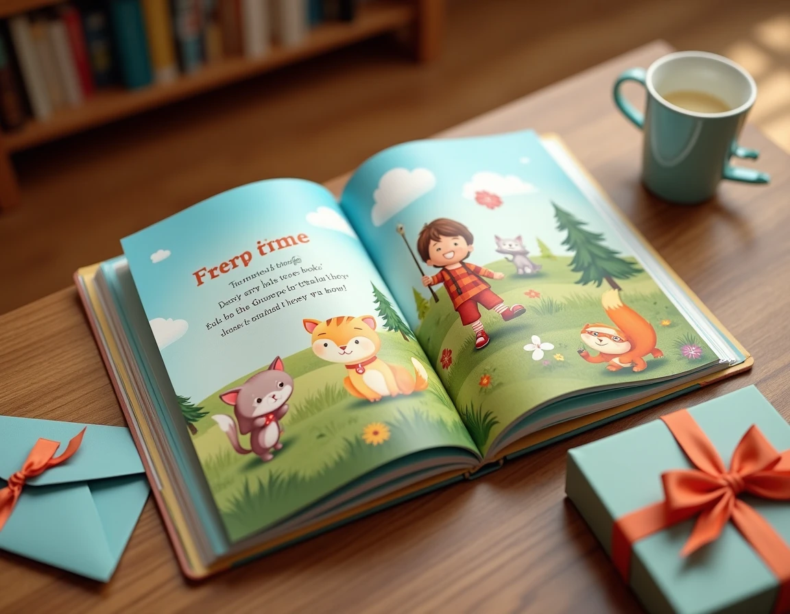 Livre personnalisé pour enfant ouvert montrant le prénom du baptisé comme héros de l'histoire