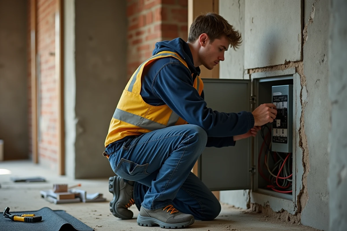 Électricien en gilet de sécurité travaillant sur un tableau électrique dans un appartement en rénovation, secteur du bâtiment en tension de recrutement en France