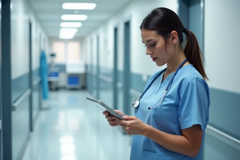Infirmière en blouse bleue consultant une tablette dans un couloir d'hôpital moderne en France, illustrant les métiers de la santé qui recrutent