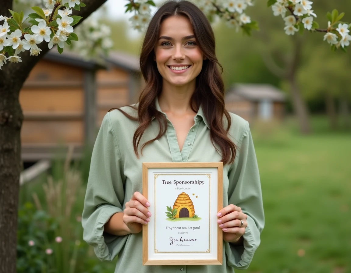 Femme tenant un certificat de parrainage d'abeilles et de plantation d'arbre pour un baptême