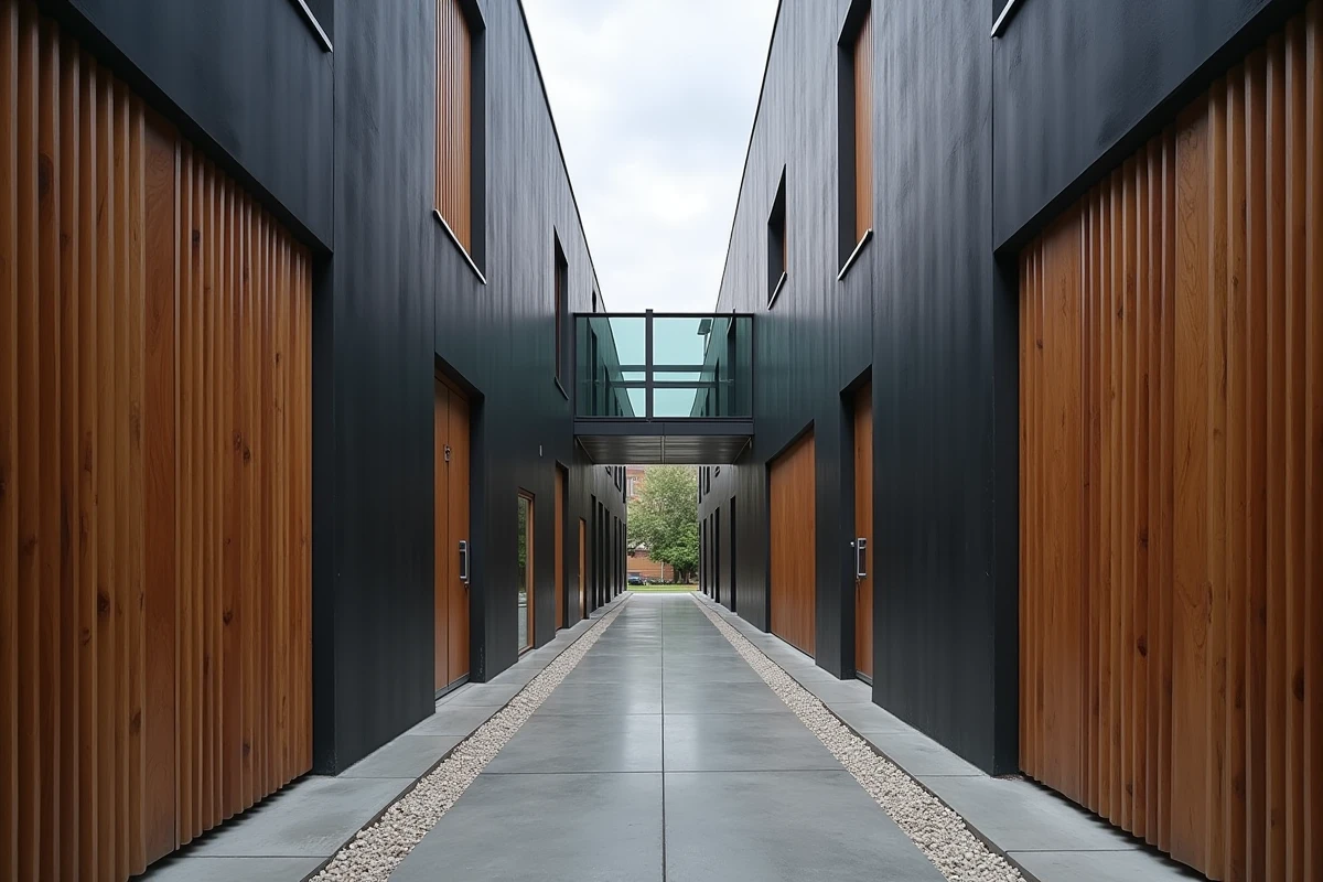 Passage architectural entre deux bâtiments résidentiels contemporains en béton noir et bardage bois thermique avec passerelle vitrée