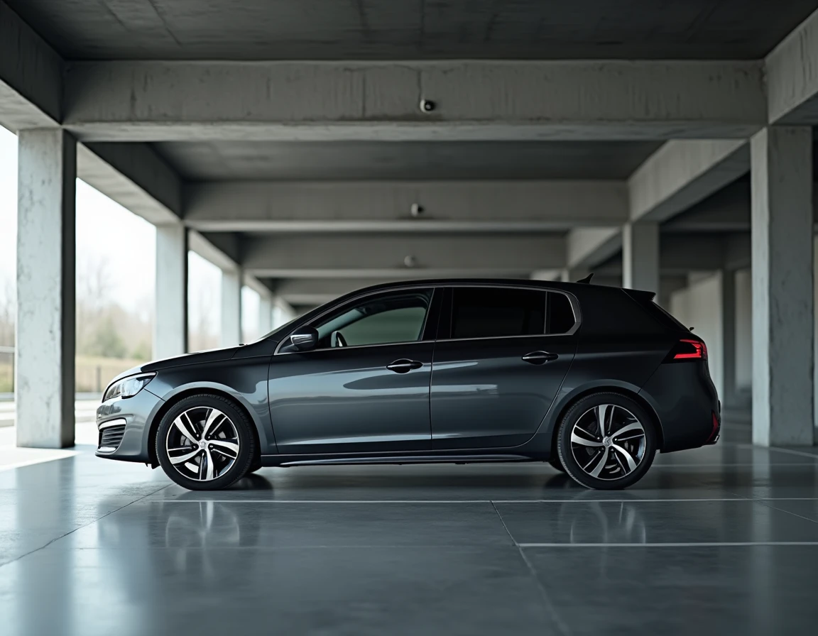 Peugeot 308 anthracite garée dans un parking architectural moderne, profil complet mettant en valeur la ligne épurée du véhicule