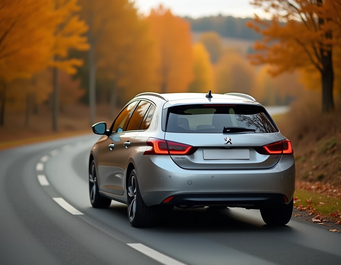 Peugeot 308 gris nacré sur une route de campagne en automne, vue arrière trois quarts soulignant l'élégance de la ligne de toit et des feux arrière