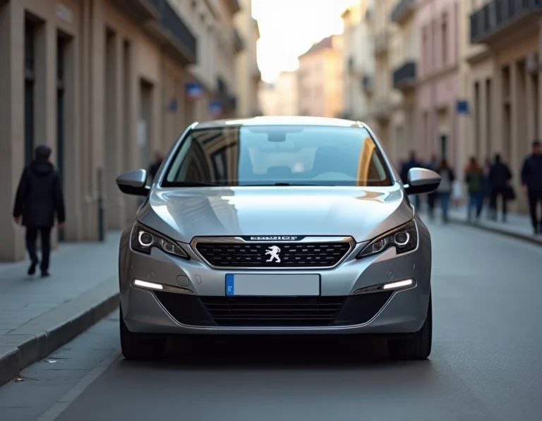 Peugeot 308 grise garée dans une rue urbaine européenne, vue de trois quarts avant mettant en valeur le design élégant de la carrosserie