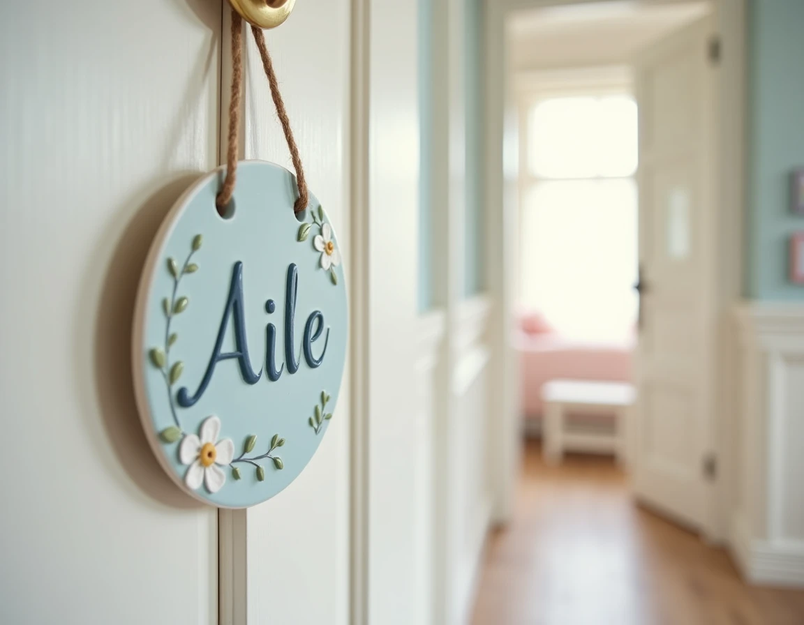 Plaque de porte artisanale en céramique peinte avec le prénom d'un bébé baptisé