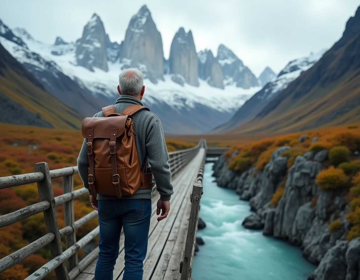 Randonneur sur un pont suspendu face aux sommets granitiques enneigés de Patagonie en automne