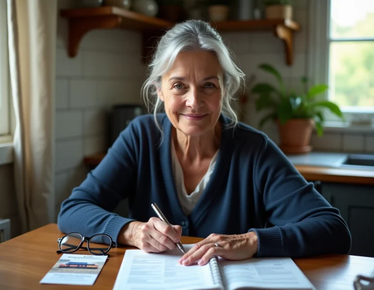 Une femme senior renouvelle sa carte Avantage Senior à la table de sa cuisine en remplissant un formulaire papier