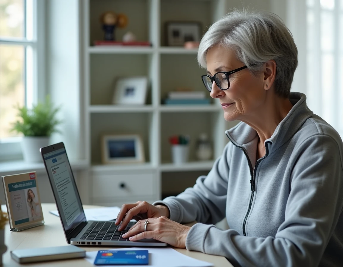 Une femme senior renouvelle sa carte Avantage Senior en ligne depuis son bureau à domicile sur un ordinateur portable