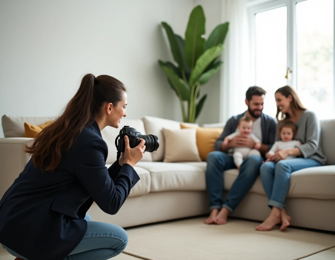 Photographe professionnelle réalisant une séance photo de famille lors d'un baptême
