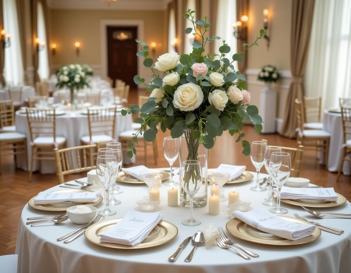 Table de réception de mariage élégamment dressée avec vaisselle dorée, pivoines et carte de plan de table dans une salle de réception raffinée