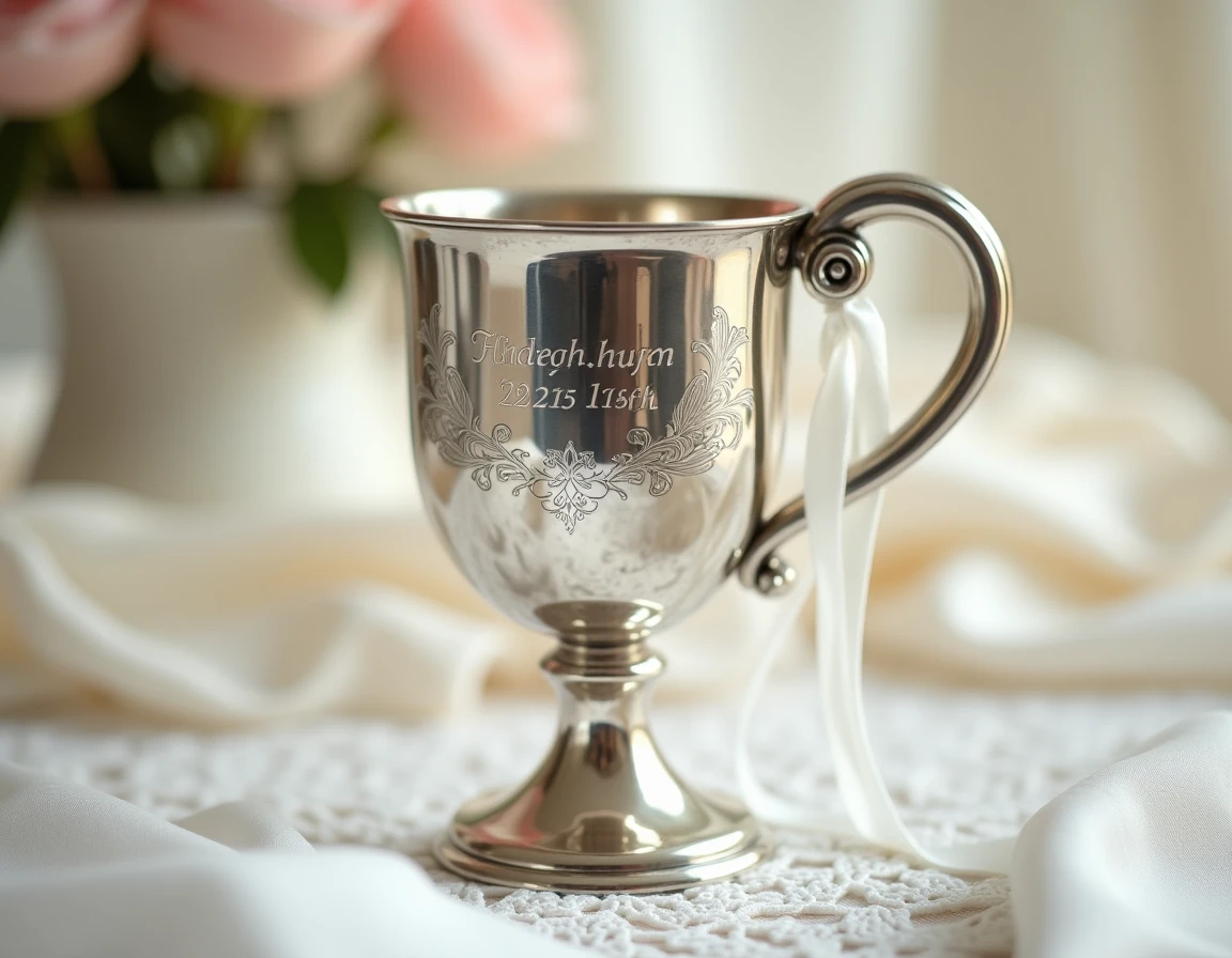 Timbale en argent gravée avec le prénom et la date de baptême d'un enfant