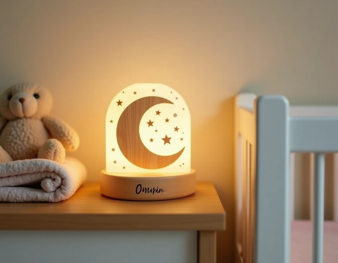 Veilleuse artisanale personnalisée en bois avec le prénom d'un bébé gravé pour un baptême