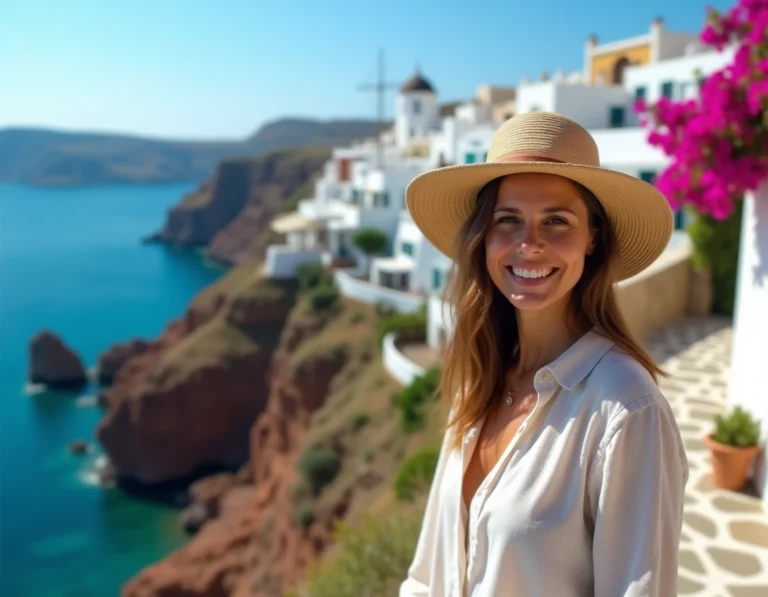 Voyageuse contemplant un village blanc perché sur une falaise surplombant la mer Égée en Grèce