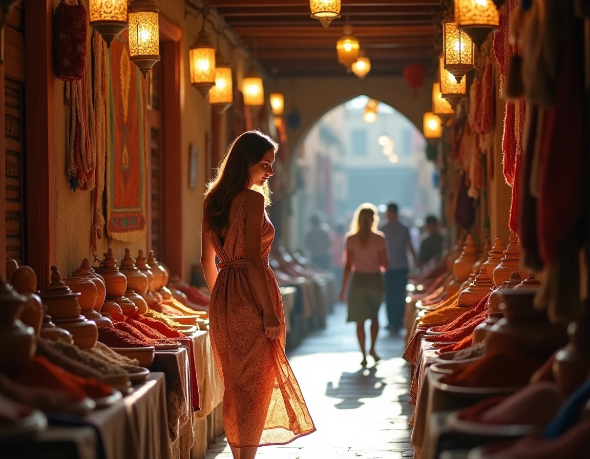 Jeune femme découvrant les artisanats colorés d'un souk traditionnel marocain dans une ruelle couverte