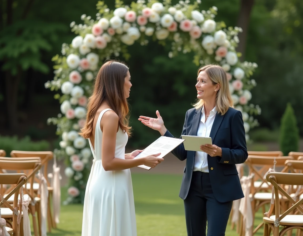 Wedding planner professionnelle discutant de la décoration florale avec une mariée dans un jardin aménagé pour une cérémonie en plein air