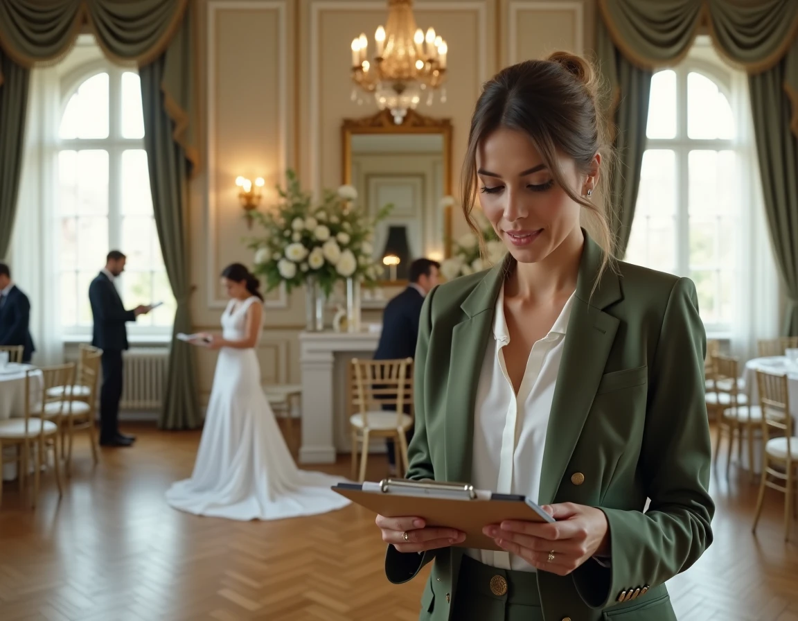 Wedding planner professionnelle consultant une liste de contrôle dans une salle de réception parisienne en cours de préparation pour un mariage
